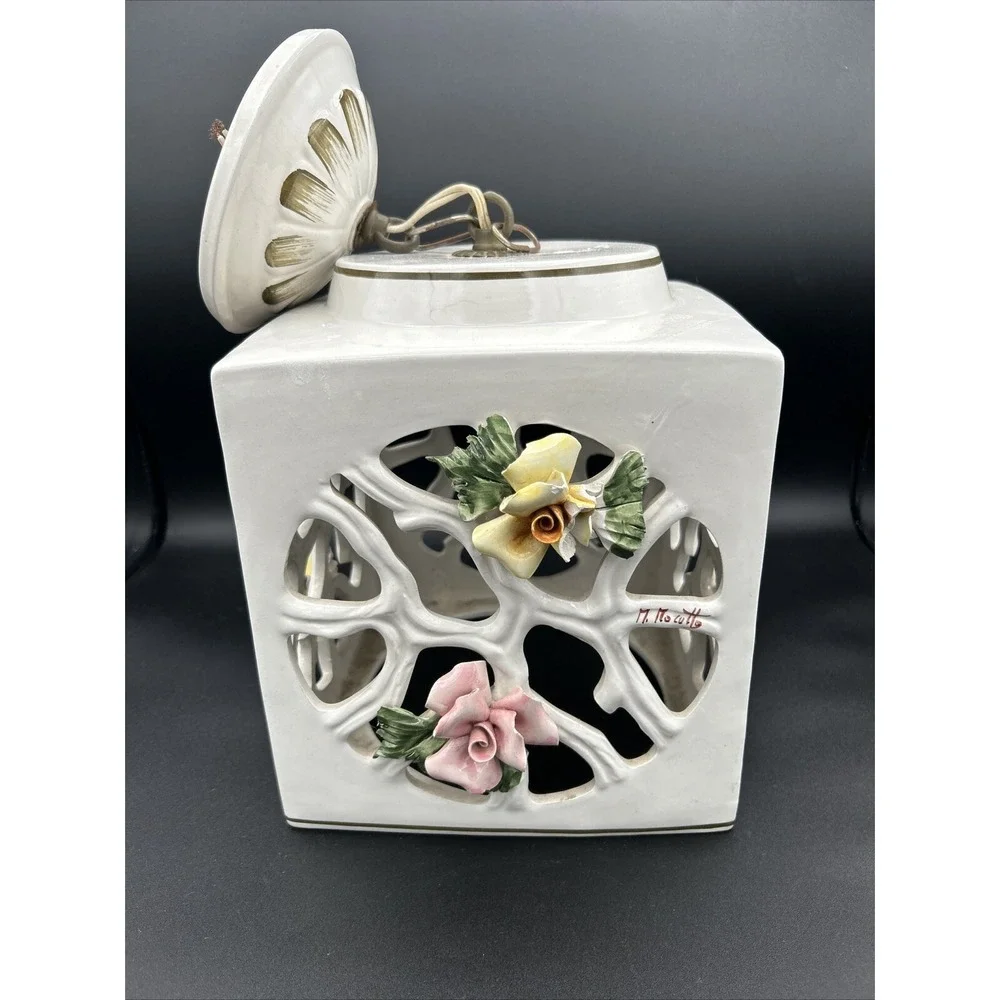 M Moretto Italy Capodimonte Raised Roses Hanging Lamp Artist Signed #821 READ